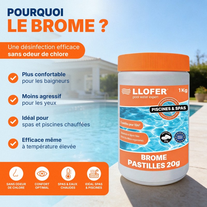 Brome piscine & spa – Pastilles 20 g – 1 kg – LLOFER