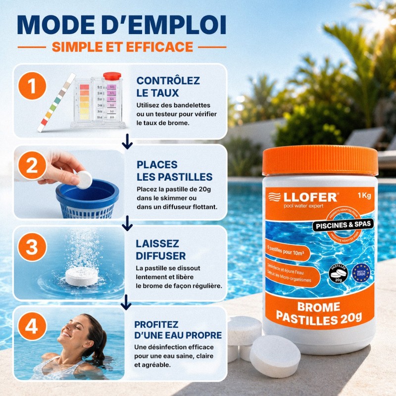 Brome piscine & spa – Pastilles 20 g – 1 kg – LLOFER