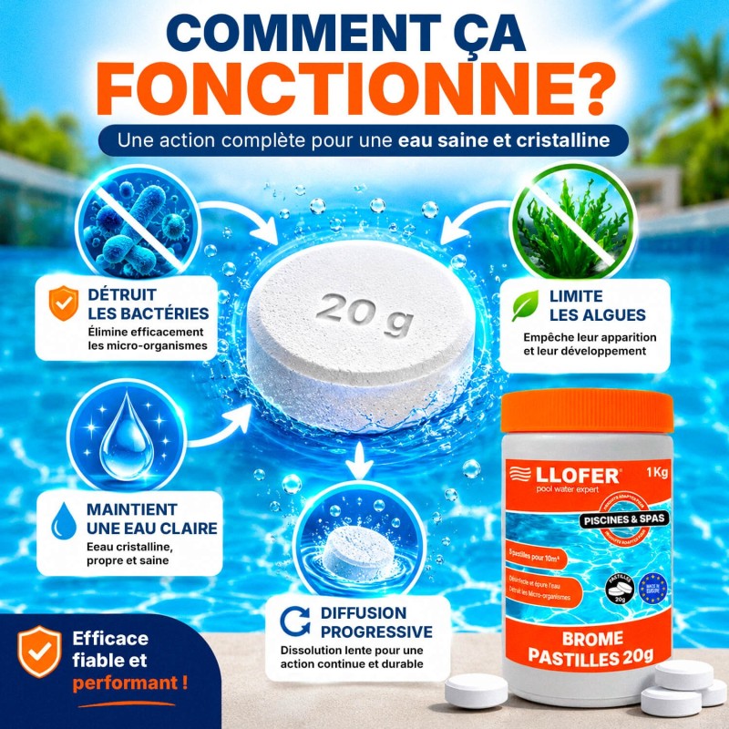 Brome piscine & spa – Pastilles 20 g – 1 kg – LLOFER