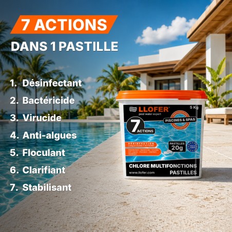Chlore 7 actions LLOFER – Seau 5 kg | Pastilles longue durée