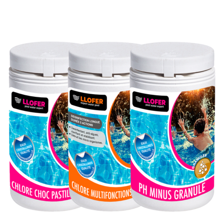 Pack entretien piscine TAC+ & pH Moins – LLOFER® | Chlore + Floculant + Test