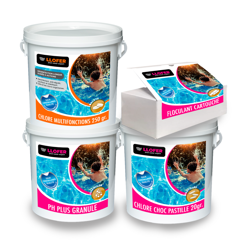 Pack traitement piscine pH Plus – LLOFER® | Chlore + Floculant + Tests