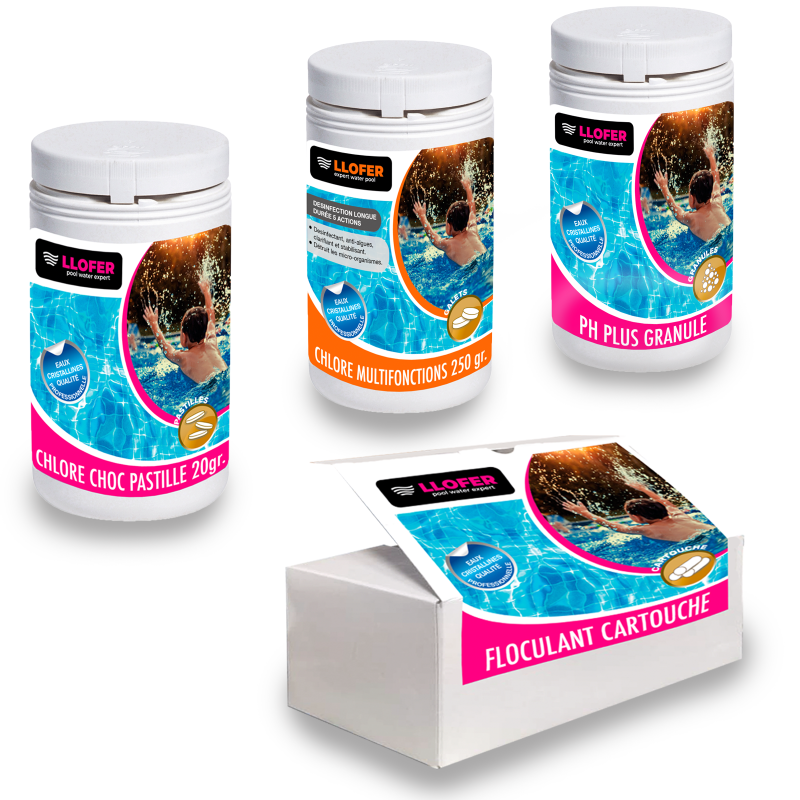 Pack traitement piscine pH Plus – LLOFER® | Chlore + Floculant + Tests
