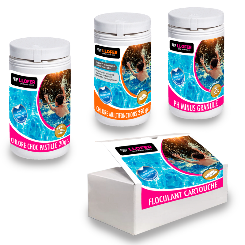 Pack traitement piscine pH Moins – LLOFER® | Chlore + Floculant + Tests